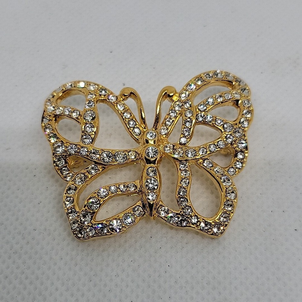 Vintage Gold Tone 80 Crystal Butterfly Pin Brooch Clear Rhinestone Jewelry